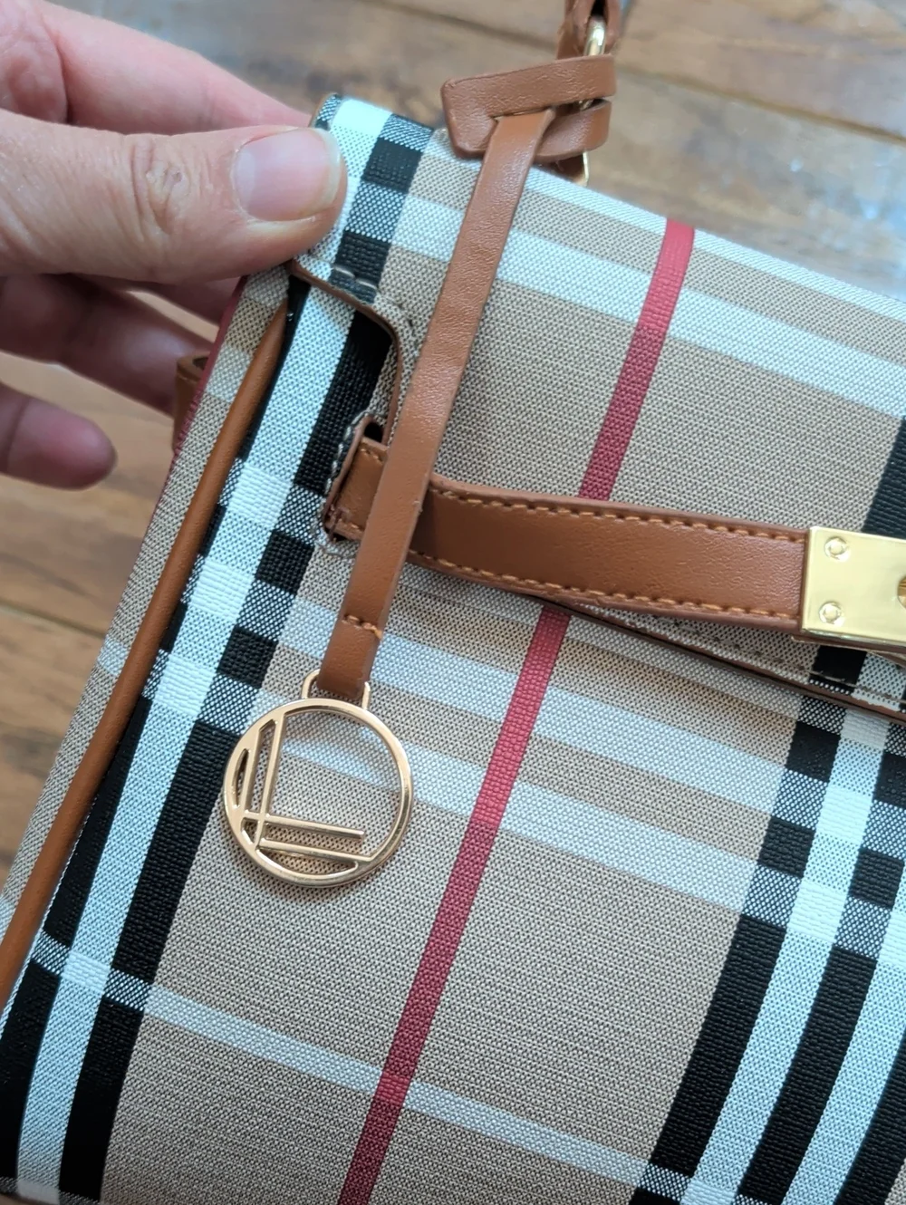 Loulo Women’s Tan Plaid Top-Handle Fashion Bag with Gold Hardware